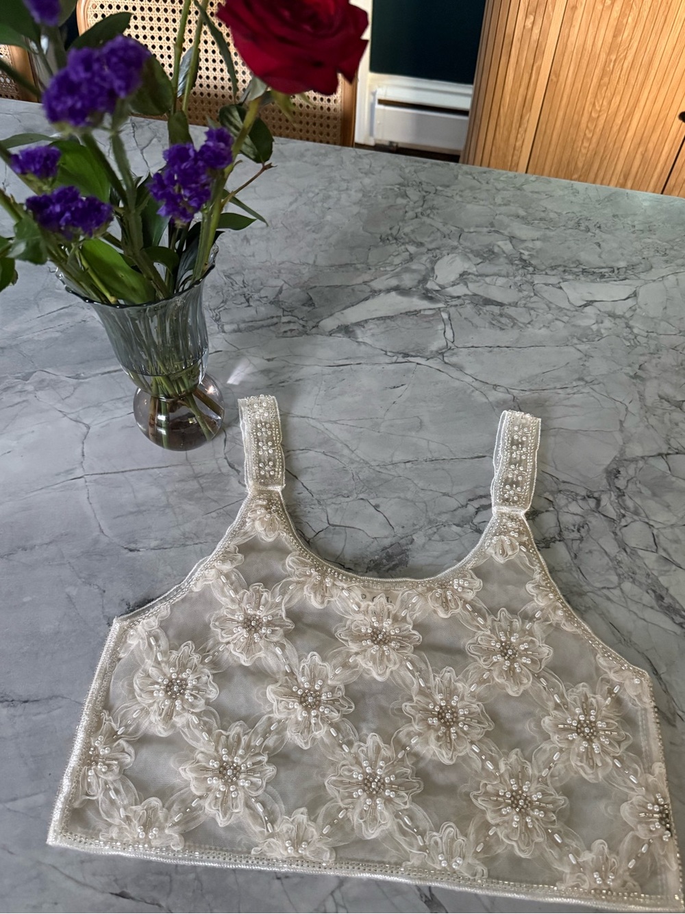 POL Ivory Beaded Embellished Crop Top | One Size